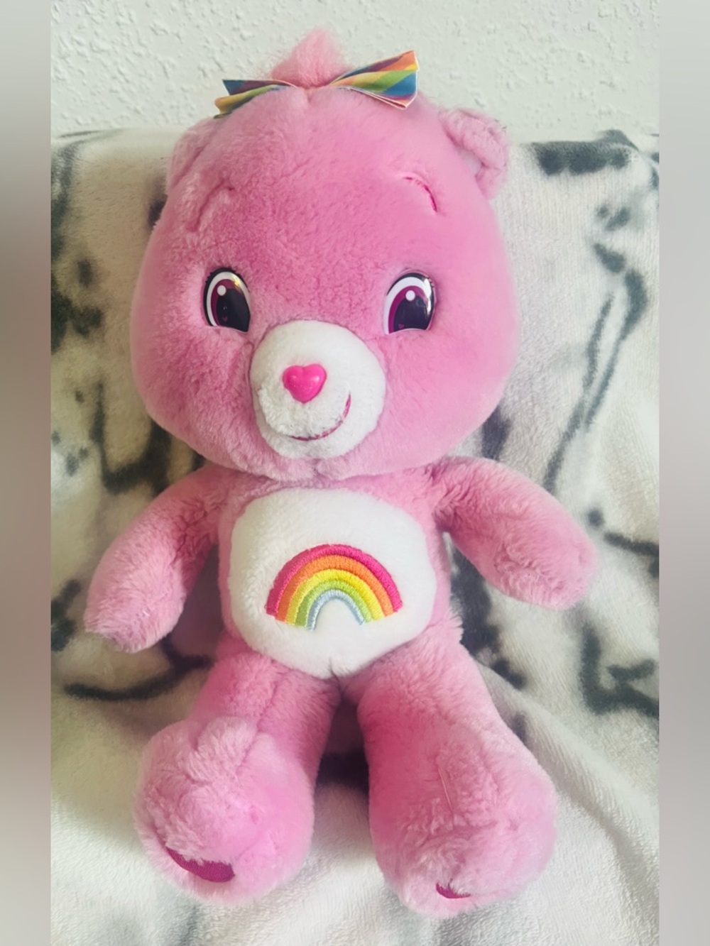 2007/Y2K Care Bears Cheer Bear 14” Plush Toy with an iconic Rainbow Belly Badge